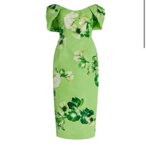 Monique Lhuillier Bright Green Floral Off-Shoulder Midi Dress